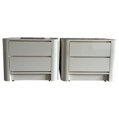 Vintage Pair Post Modern gloss white laminate 2 Drawer curved nightstands 