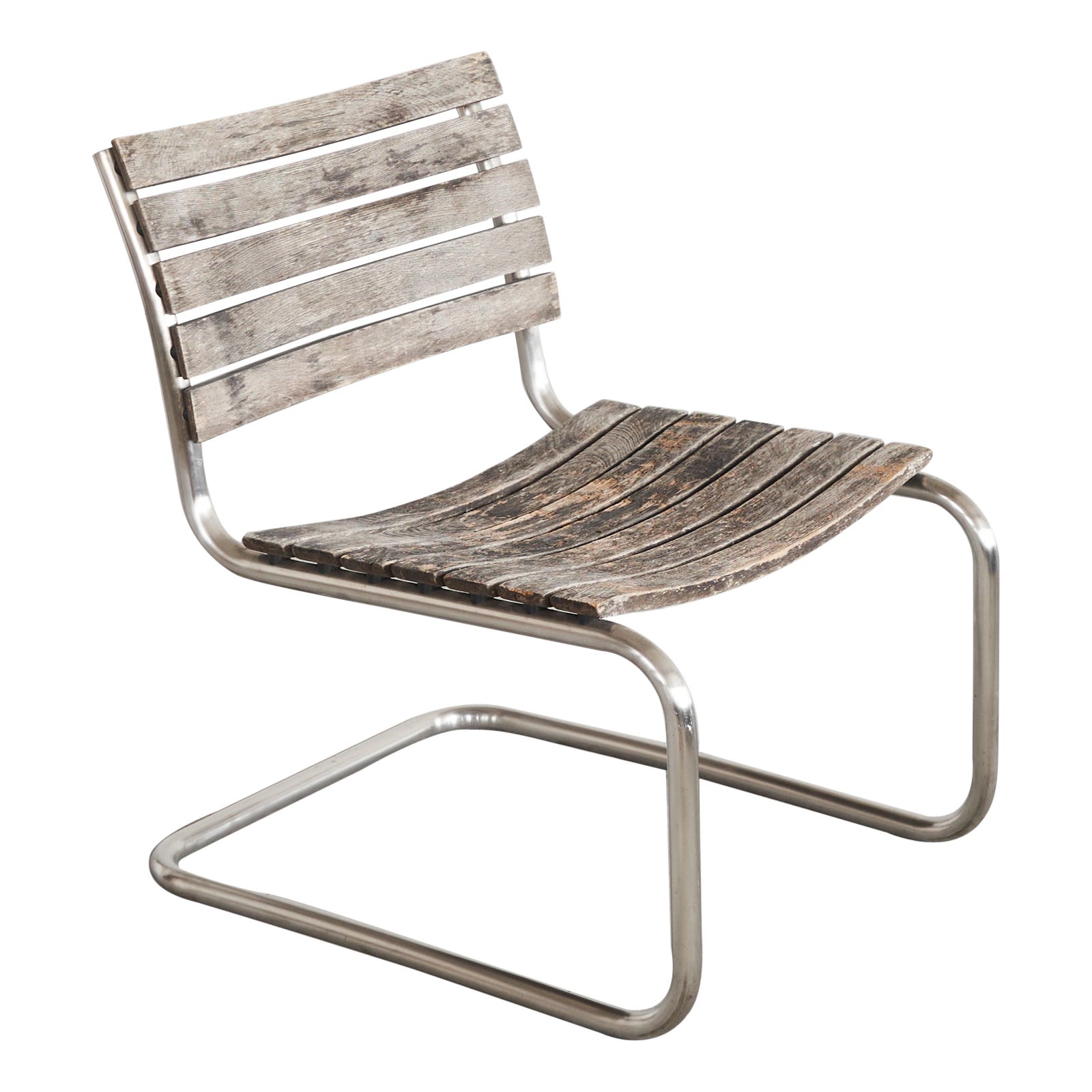 Mart Stam for Thonet Lounge Chair in Weathered Solid Iroko and Stainless Steel
