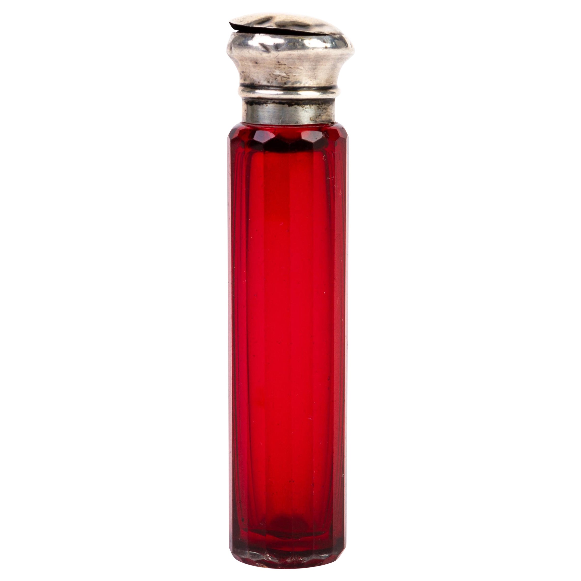 Victorian Silver Topped Ruby Glass Perfume Scent Bottle For Sale