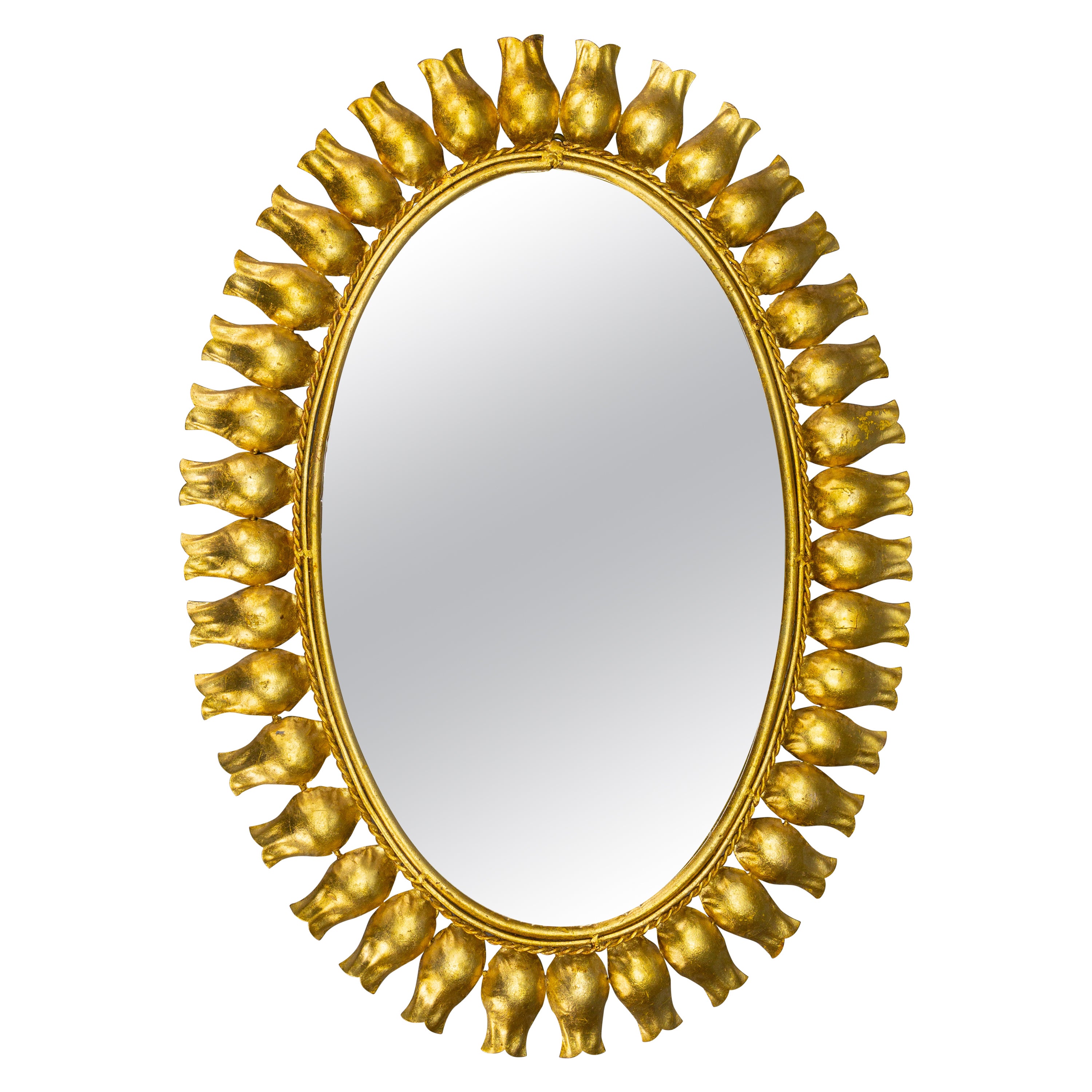 Mid-Century Gilt Metal Oval Sunburst Wall Mirror