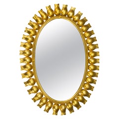 Mid-Century Gilt Metal Oval Sunburst Wall Mirror