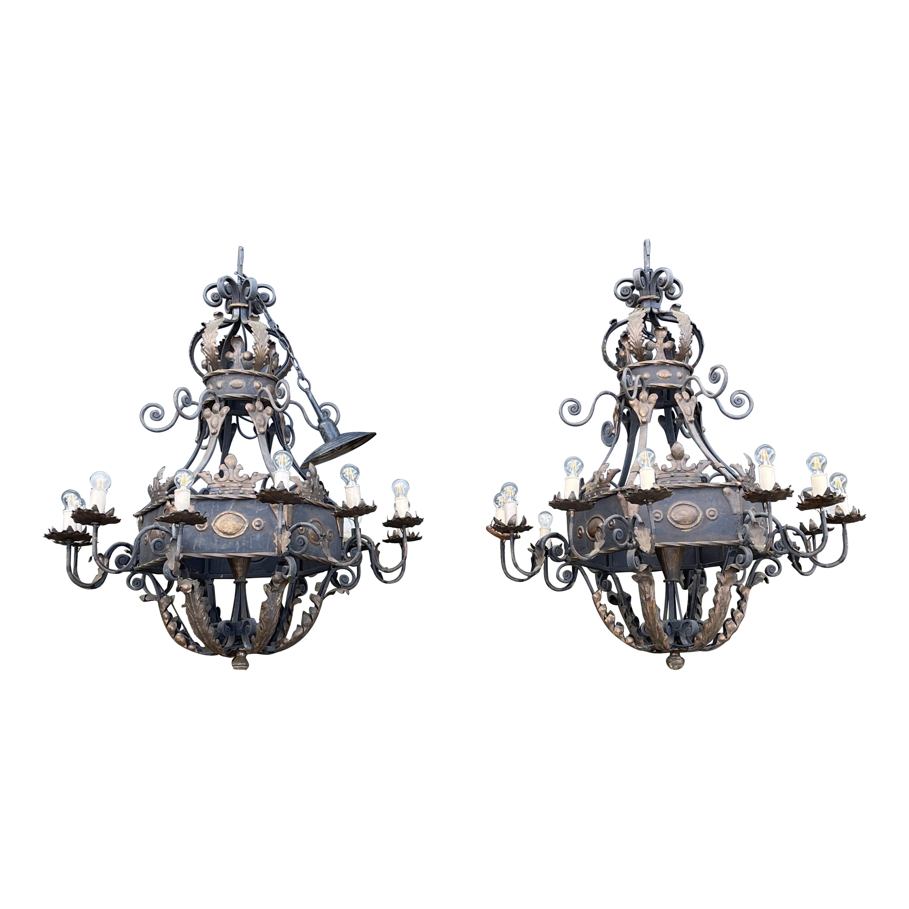 HUGE Pair of 13-Light Handforged Wrought Iron Castle Chandeliers w. Gothic Crown For Sale