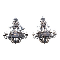Used HUGE Pair of 13-Light Handforged Wrought Iron Castle Chandeliers w. Gothic Crown