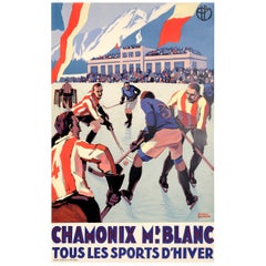 Broders, affiche Art déco originale, Chamonix, Mont Blanc, hockey, ski, 1930