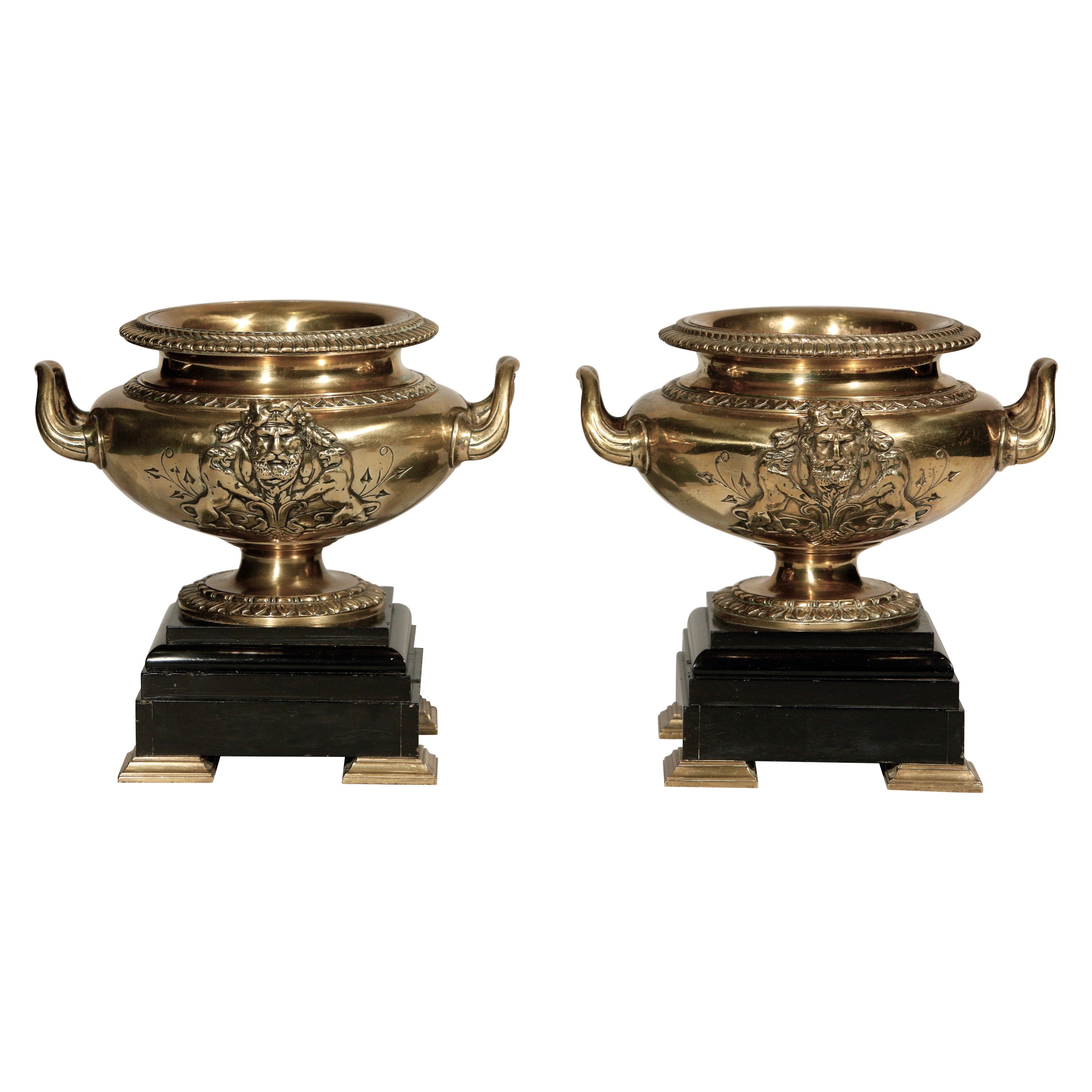 Bronze Urn Vases French Pair on Marble Bases 19th Century For Sale