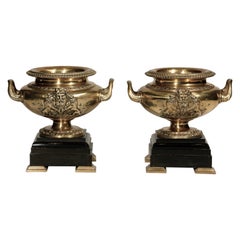 Bronze Urn Vases French Pair on Marble Bases 19th Century