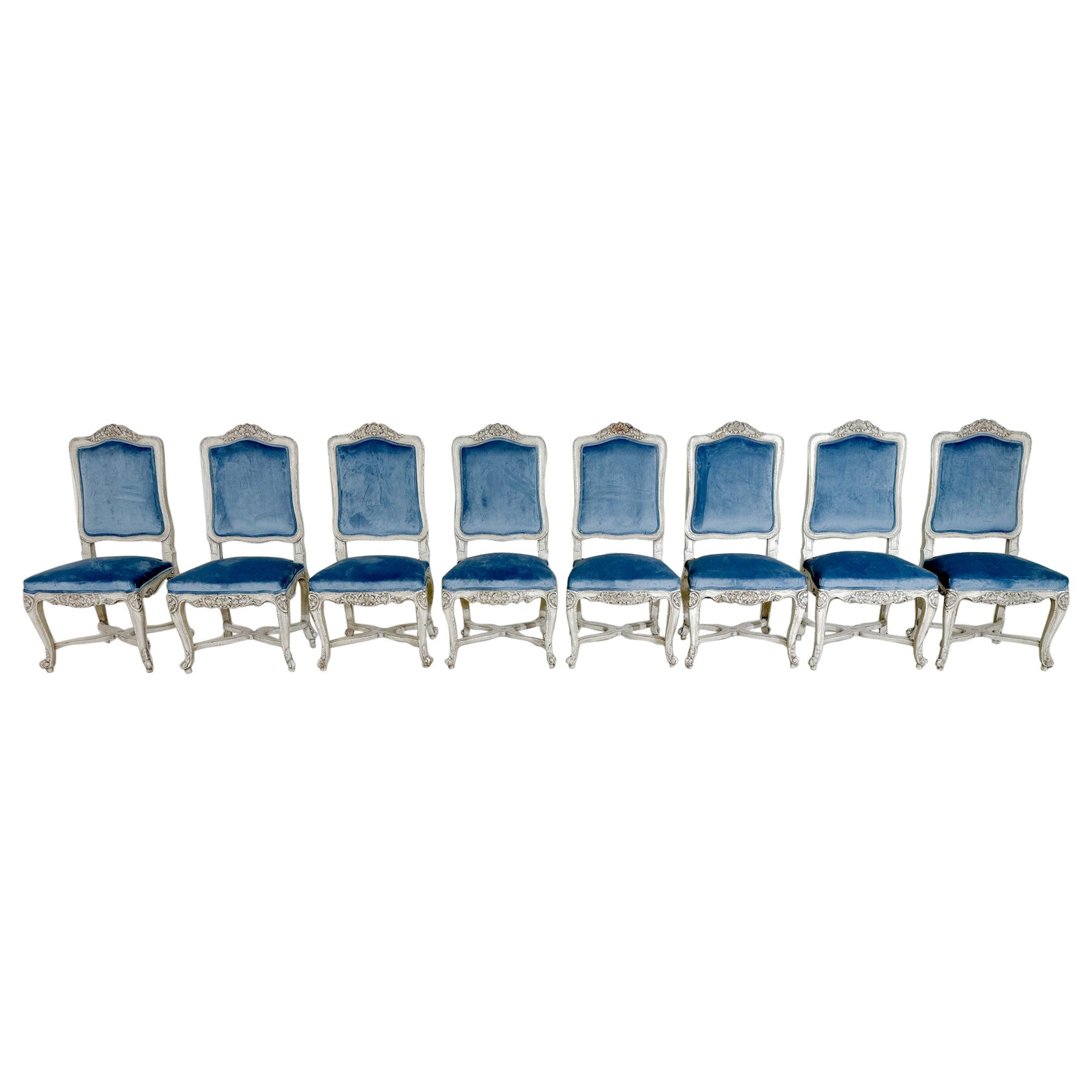 Satz von 8 Stühlen im Regency-Stil, hellblauer Samt und Holz, Belgien, 2000er Jahre im Angebot