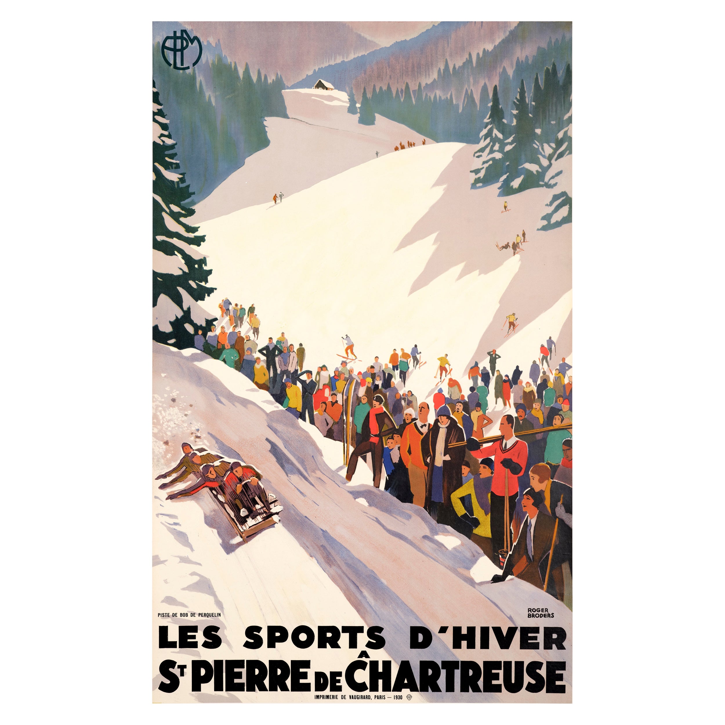 Broders, Original Art Deco Poster, Winter Sports, Bobsleigh Skiing Art Deco 1930 For Sale