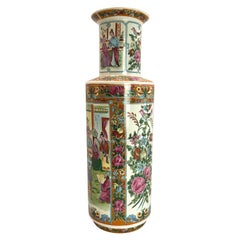 Chinese Mid Century Large Porcelain Famille Rose Rouleau Floor Vase 