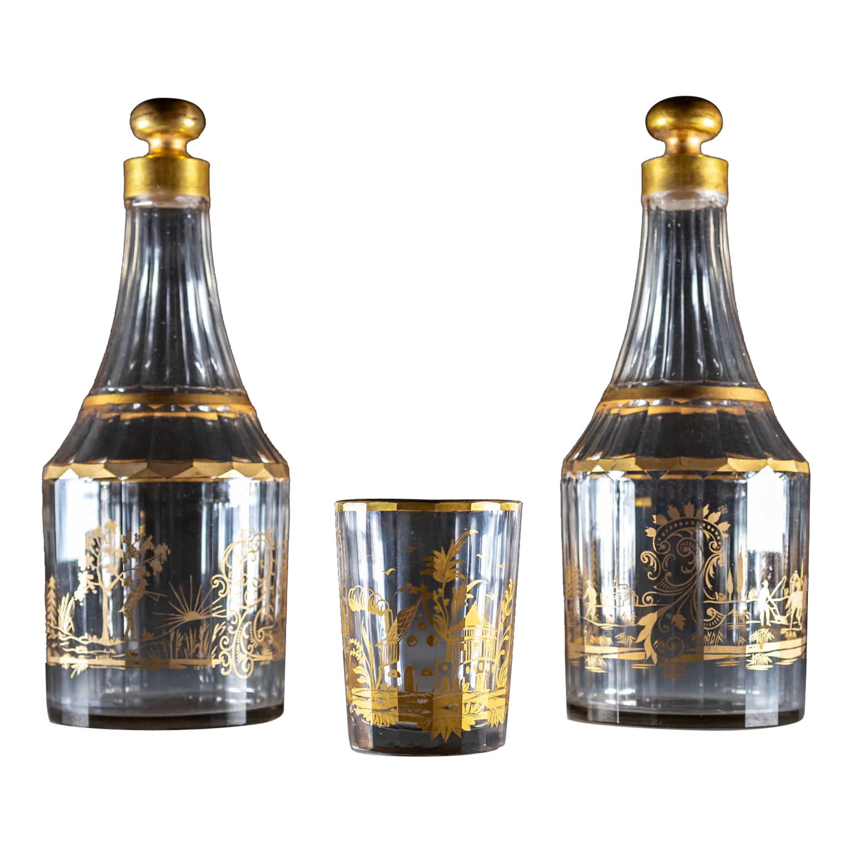 Pair of Bohemian Carafes with Drinking Glass, 19th Century