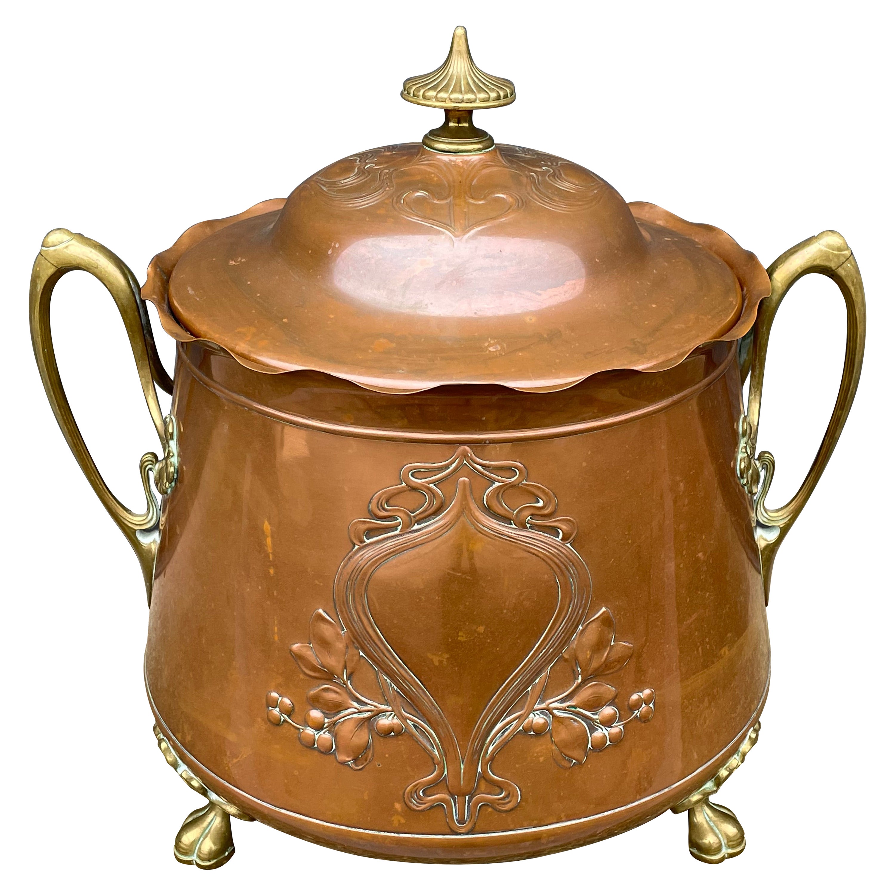 Rare Antique WMF Attr. Arts & Crafts Embossed Brass Coal Kettle /Firewood Bucket For Sale