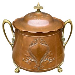 Rare Antique WMF Attr. Arts & Crafts Embossed Brass Coal Kettle /Firewood Bucket