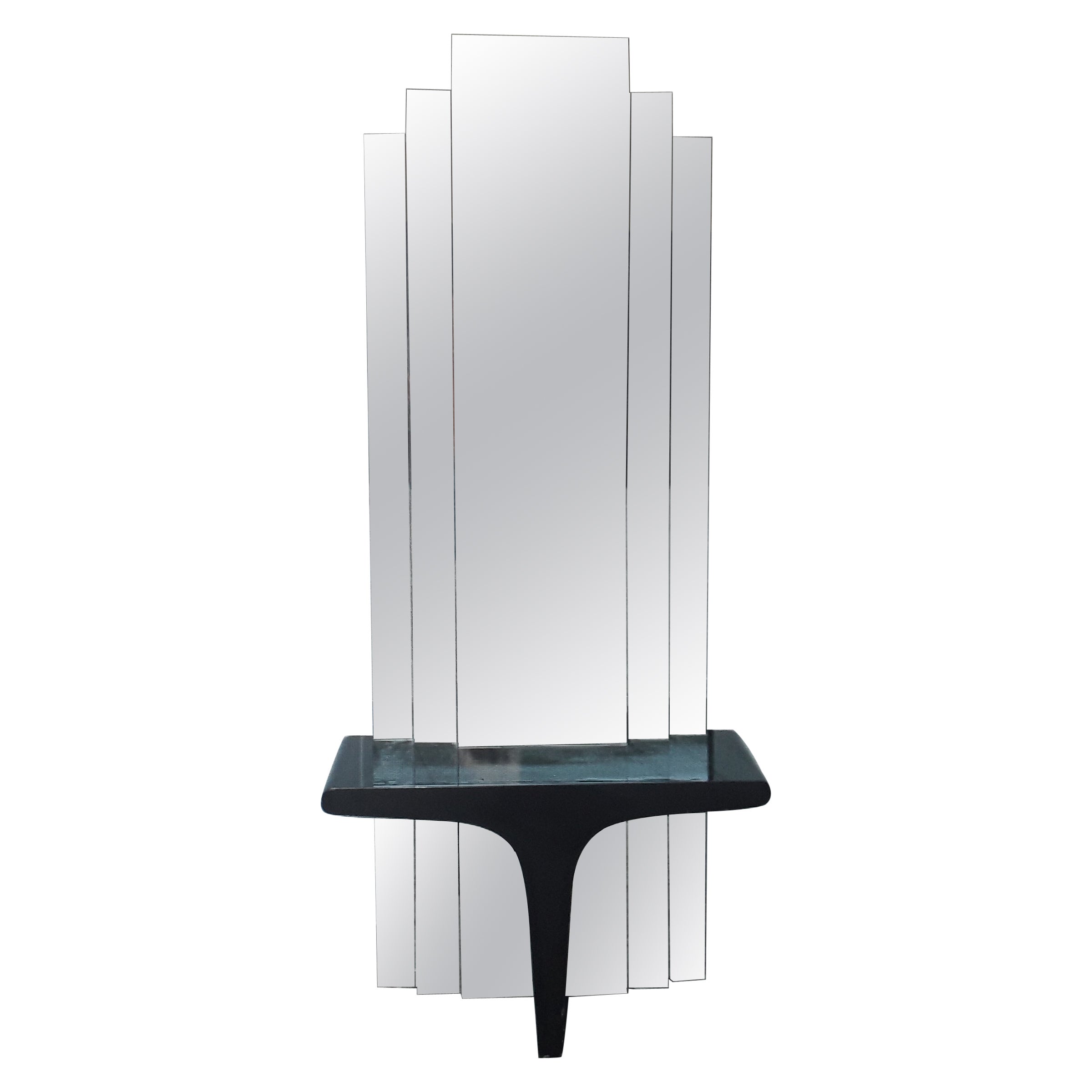 1970's Art Deco style Floor To Ceiling Tiered Mirror Back Black Laquer Console For Sale