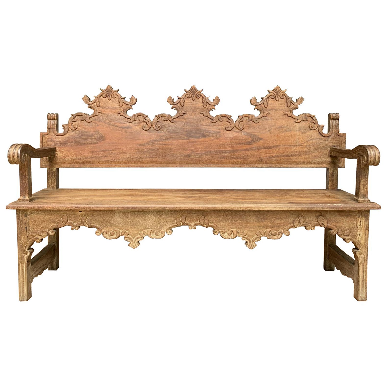 Spanish Colonial Revival Hall Bench - Circa 1930 Sucupira Hand Carved Wood  For Sale