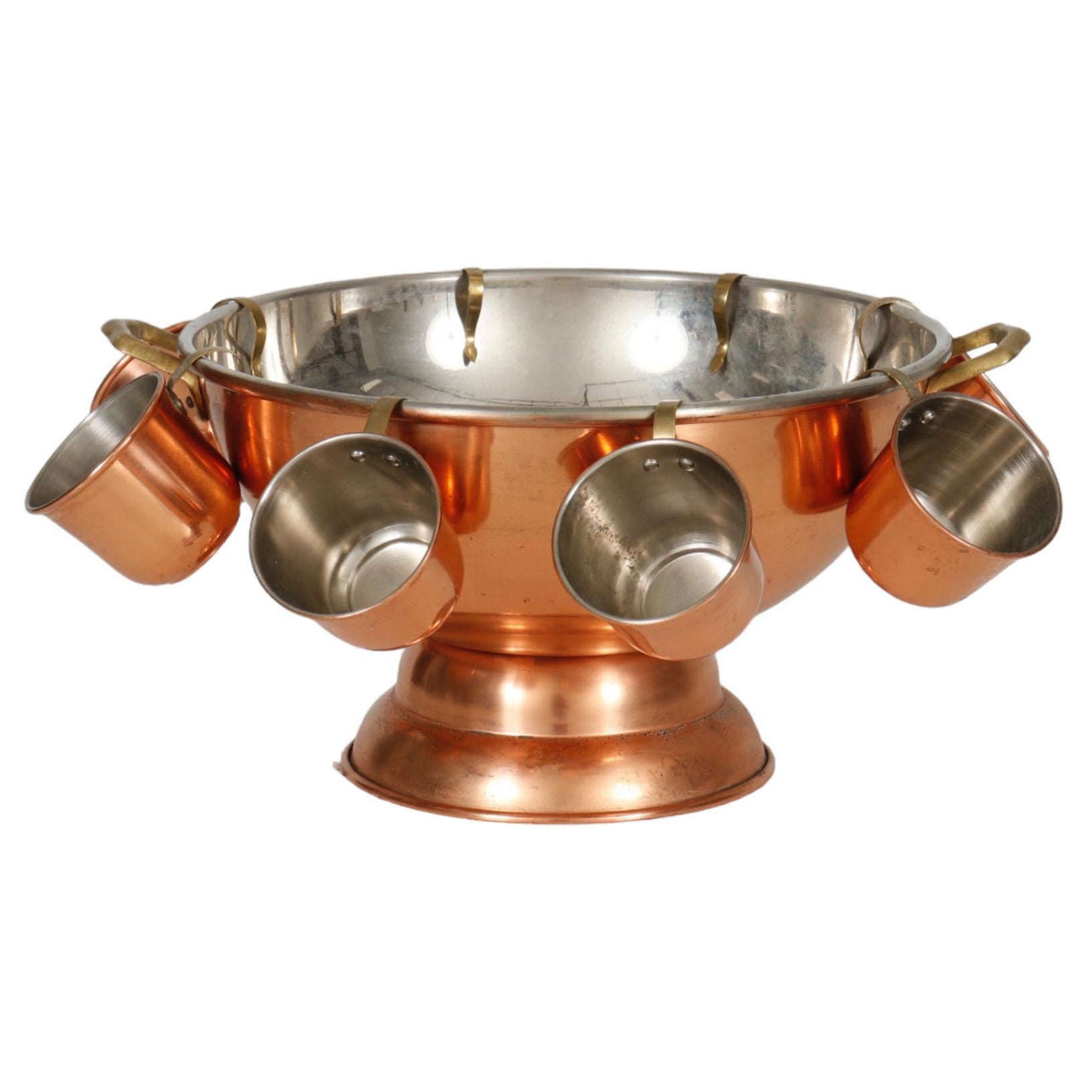 Copper Punch Bowl with 8 Cups For Sale