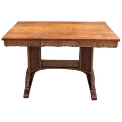 Vintage  Heywood Wakefield Wicker and Oak Trestle Table