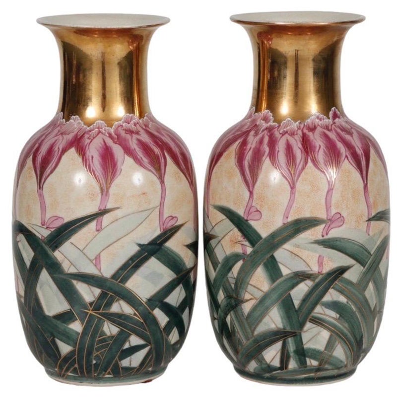 Japanese Art Nouveau Ceramic Vases - a Pair For Sale