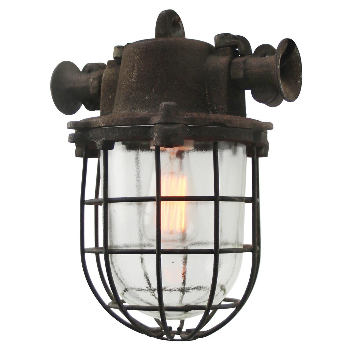 Rust Iron Vintage Industrial Clear Glass Pendant Lamps  For Sale