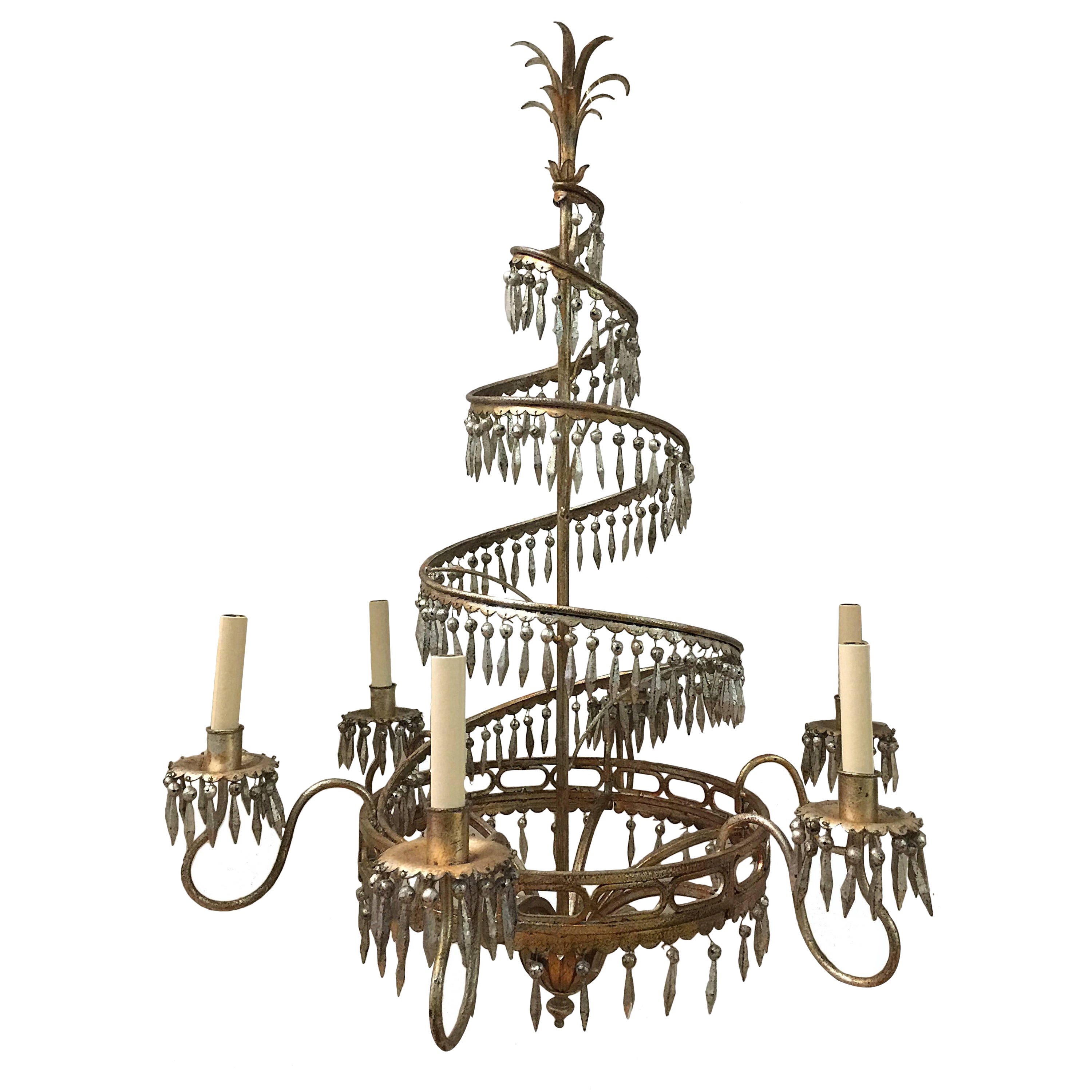 Silver Leaf Chandelier with Pendants For Sale