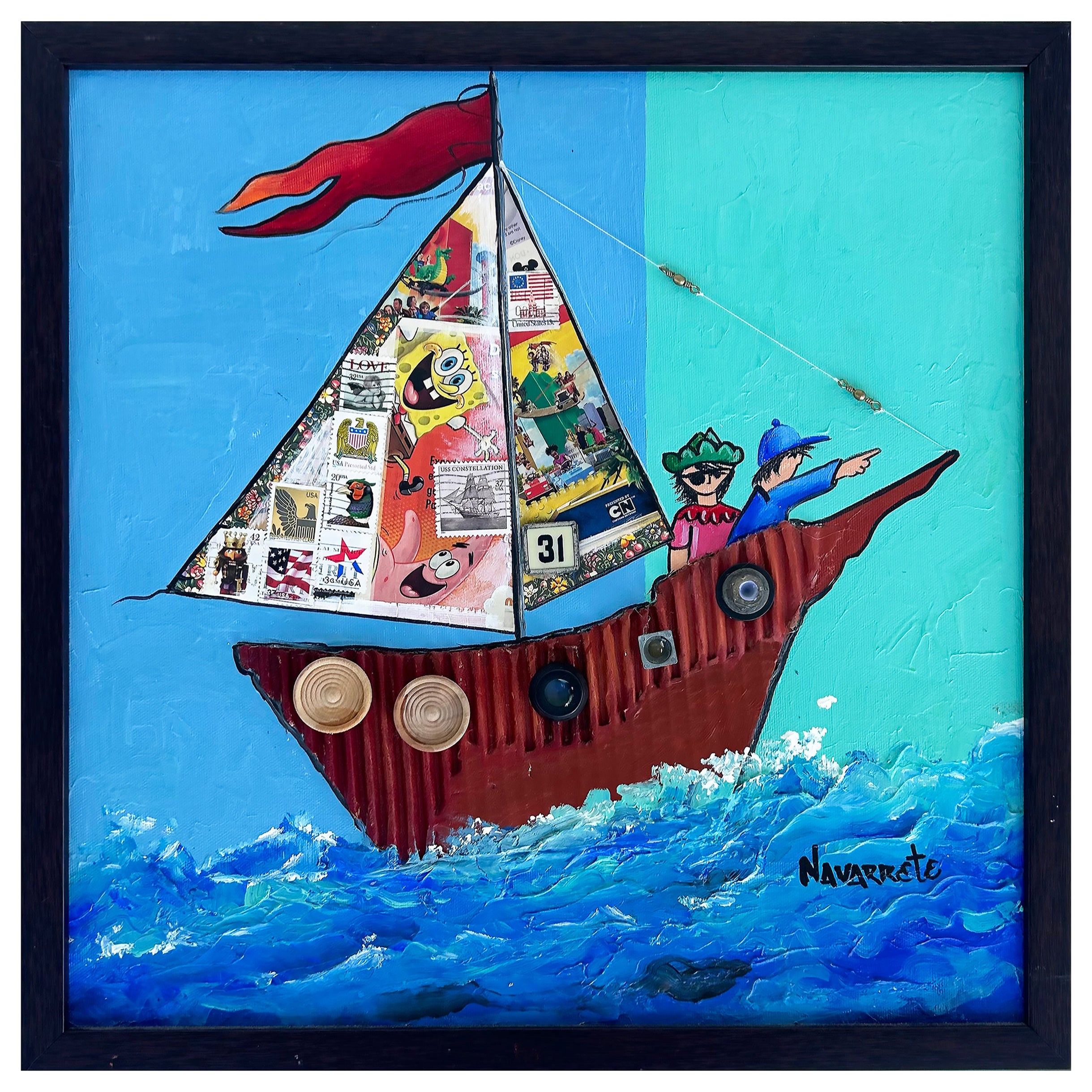 Mixed Media Painting by Cuban-American Artist Juan Navarette  "Pirate Boat" For Sale