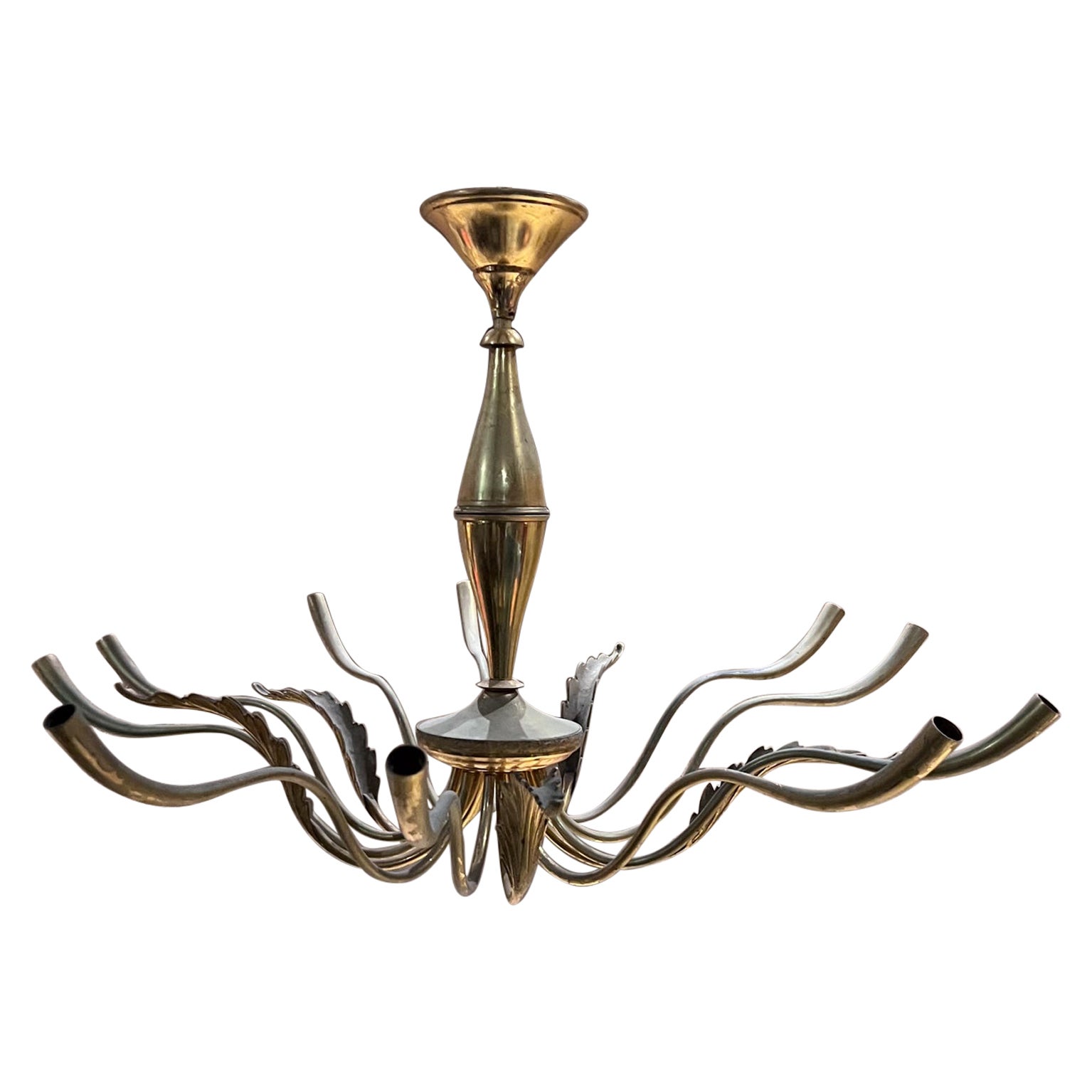 1950s Sculptural Italian Chandelier Ten Arm Patinated Brass