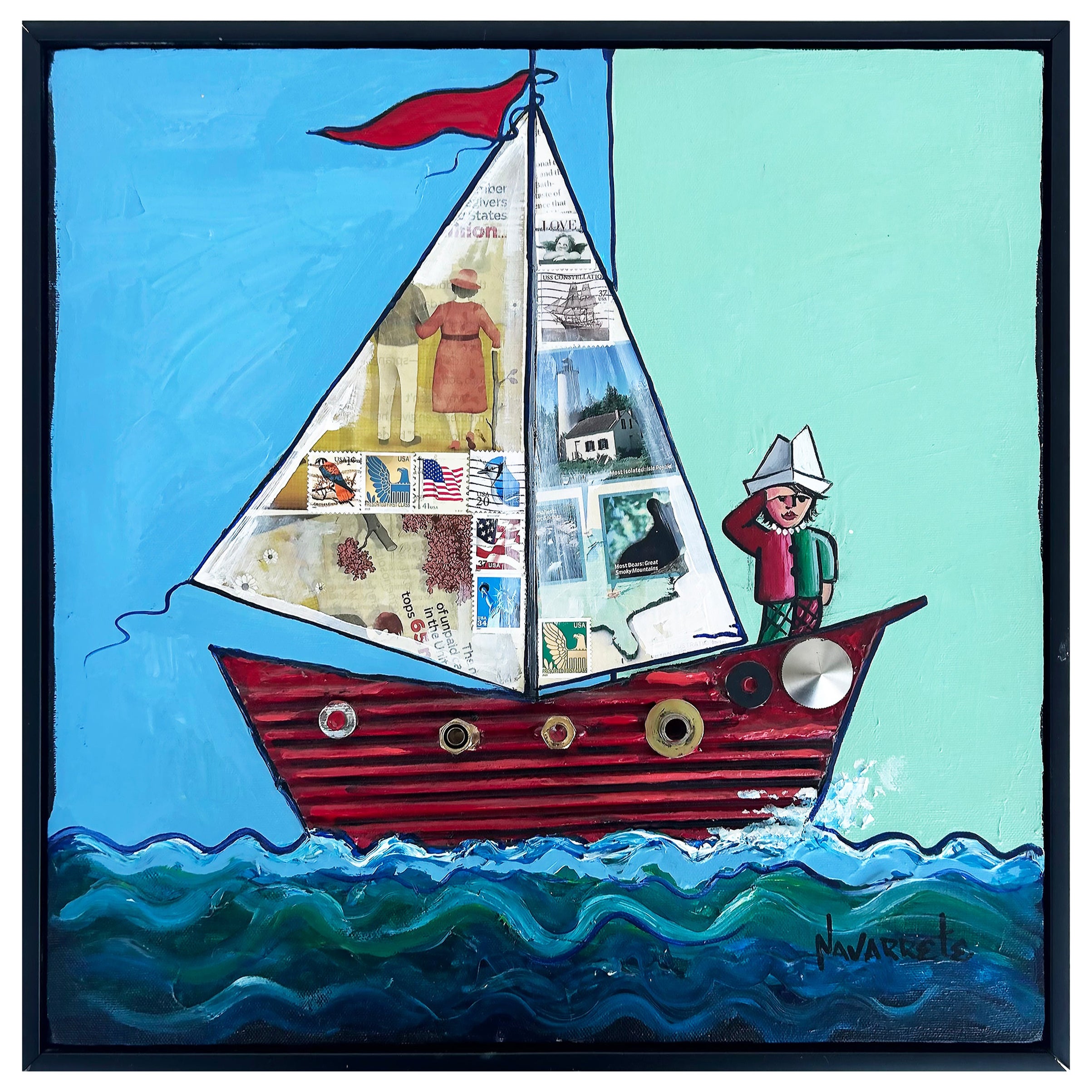 Mixed-Media-Gemälde des kubanisch-amerikanischen Künstlers Juan Navarette mit dem Titel  "Rotes Boot"
