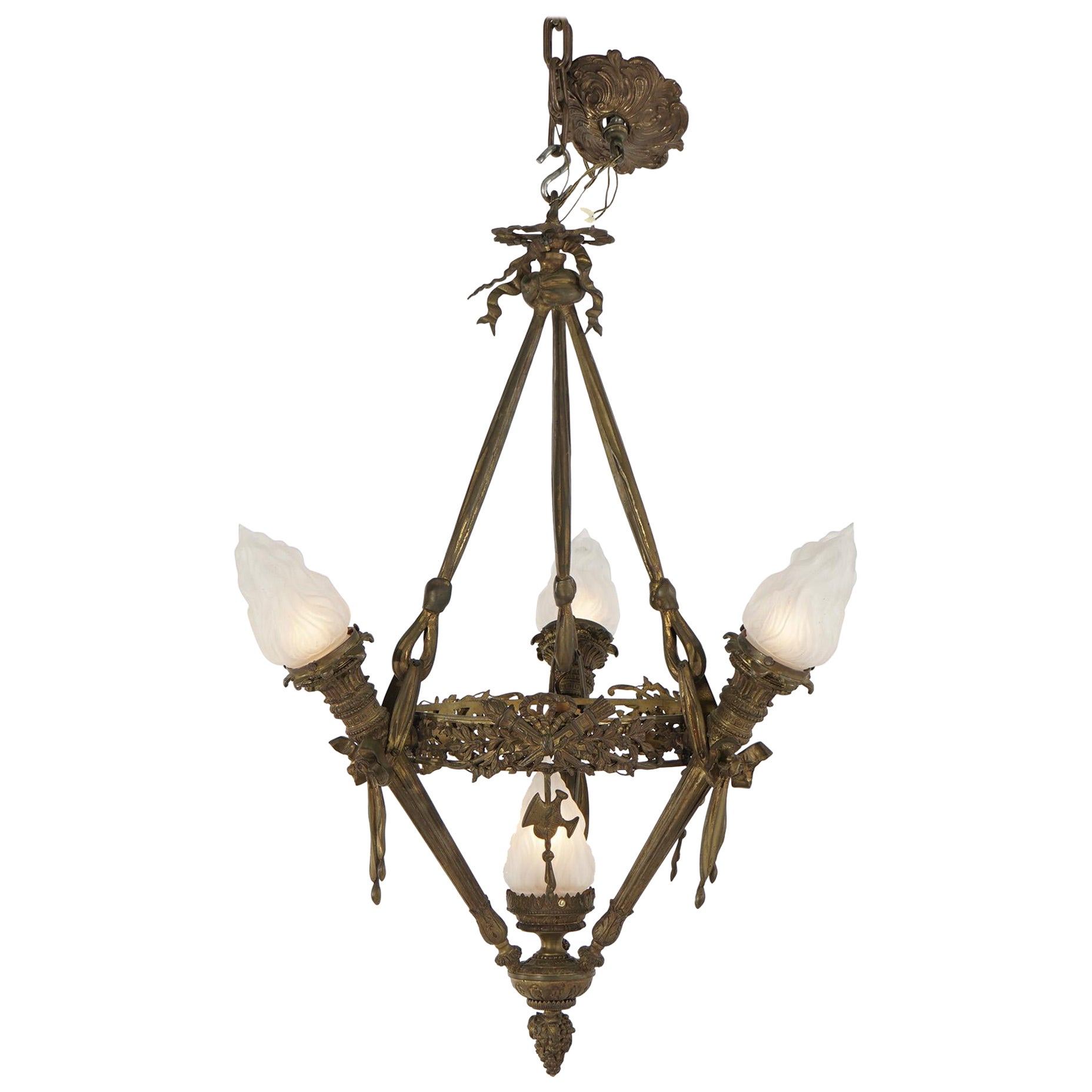 Antique Gilt Bronze French Empire Figural Four Light Torch Hanging Fixture C1920 For Sale