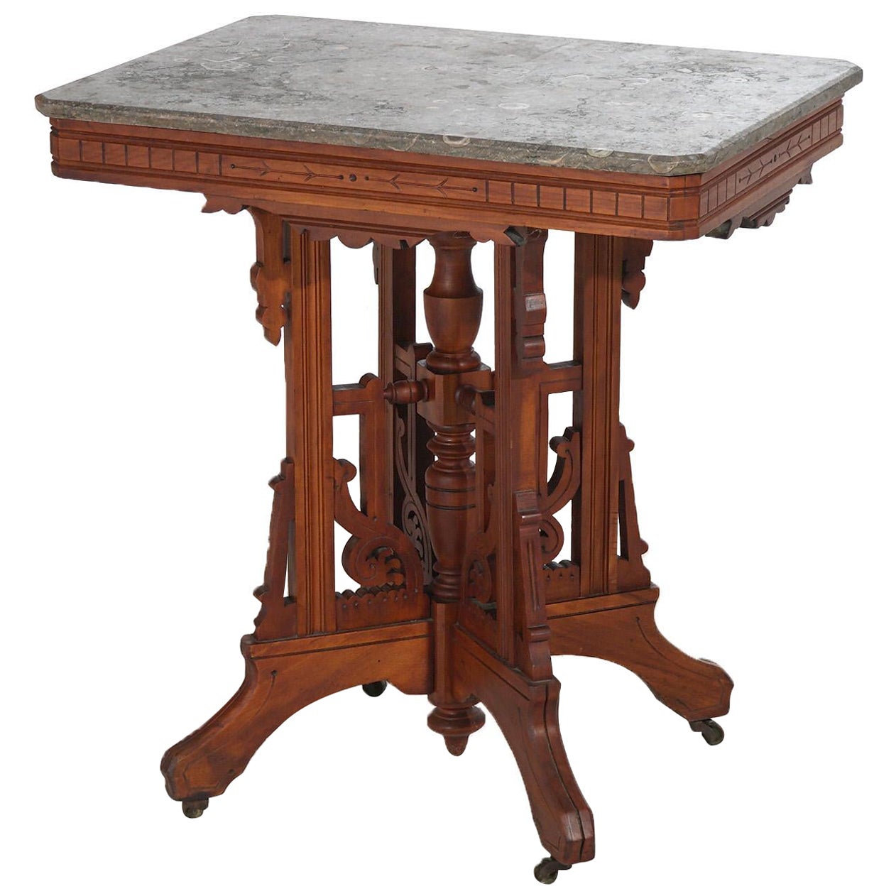 Ancienne table victorienne à plateau de marbre en noyer Eastlake C1890