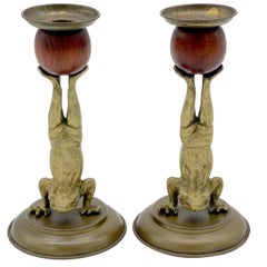 Pair of Acrobatic Frog Brass & Wood Candlesticks by Arthur Court, 1979