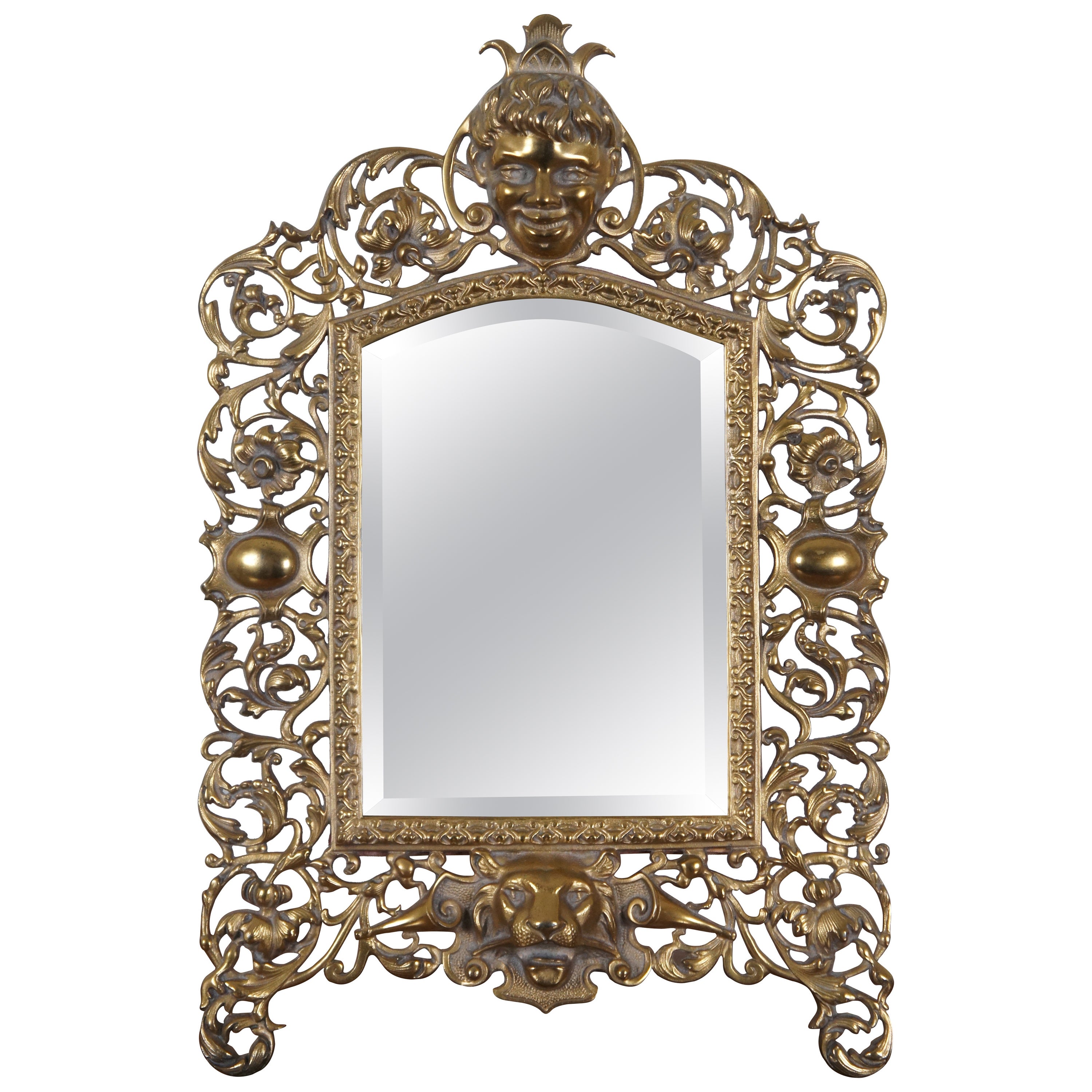 Antique Victorian Gilded Cast Iron Reticulated Cherub Lion Vanity Mirror 21" For Sale