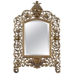 Antique Victorian Gilded Cast Iron Reticulated Cherub Lion Vanity Mirror 21"