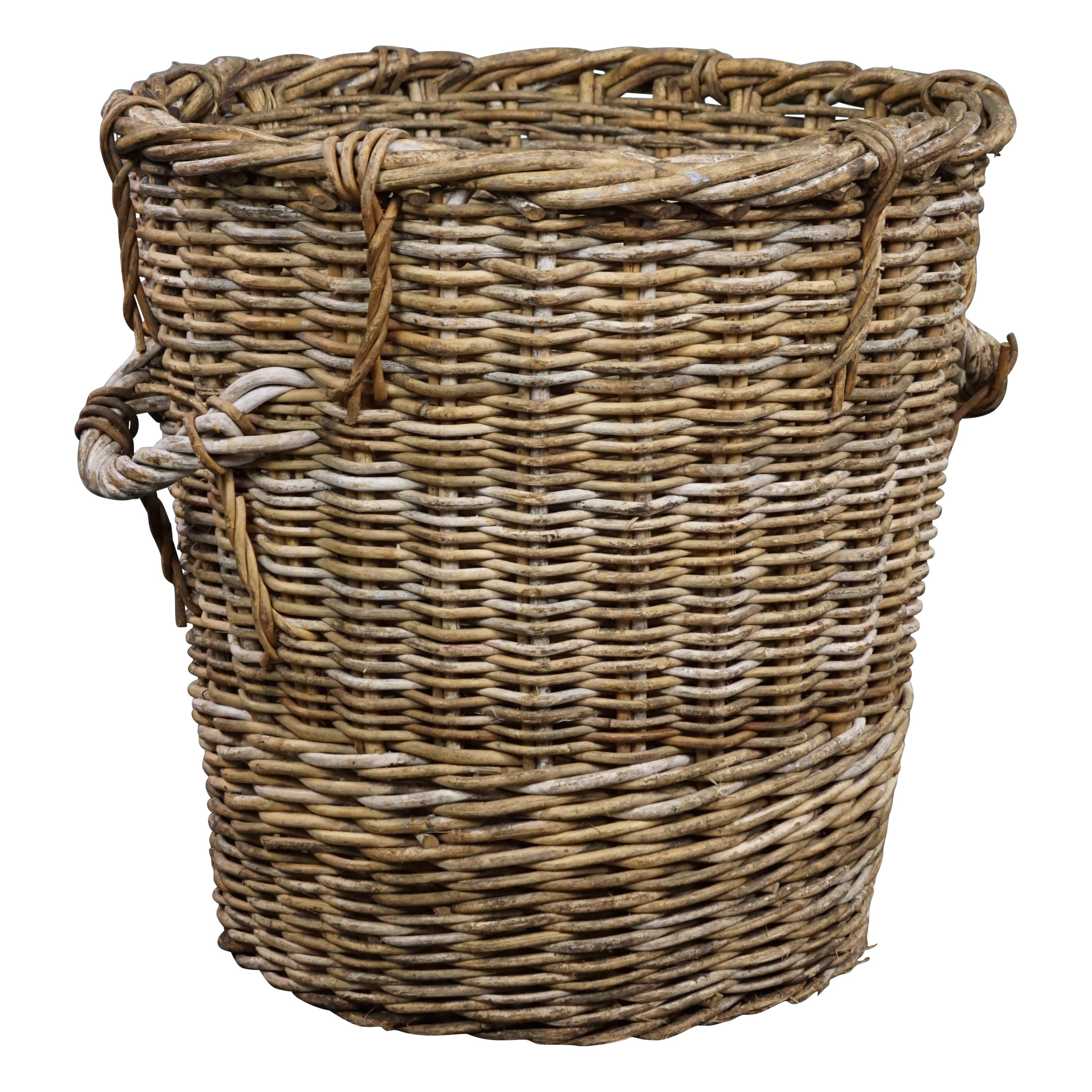 French round hand woven fireplace basket For Sale