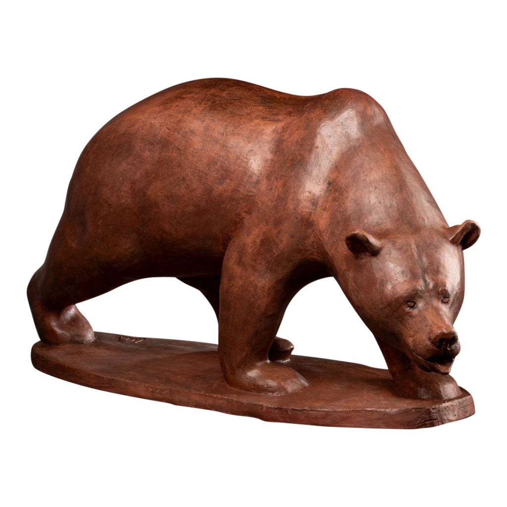 Walking grizzli bear : Terracota original sculpture - Monogrammed, France c.1960 For Sale