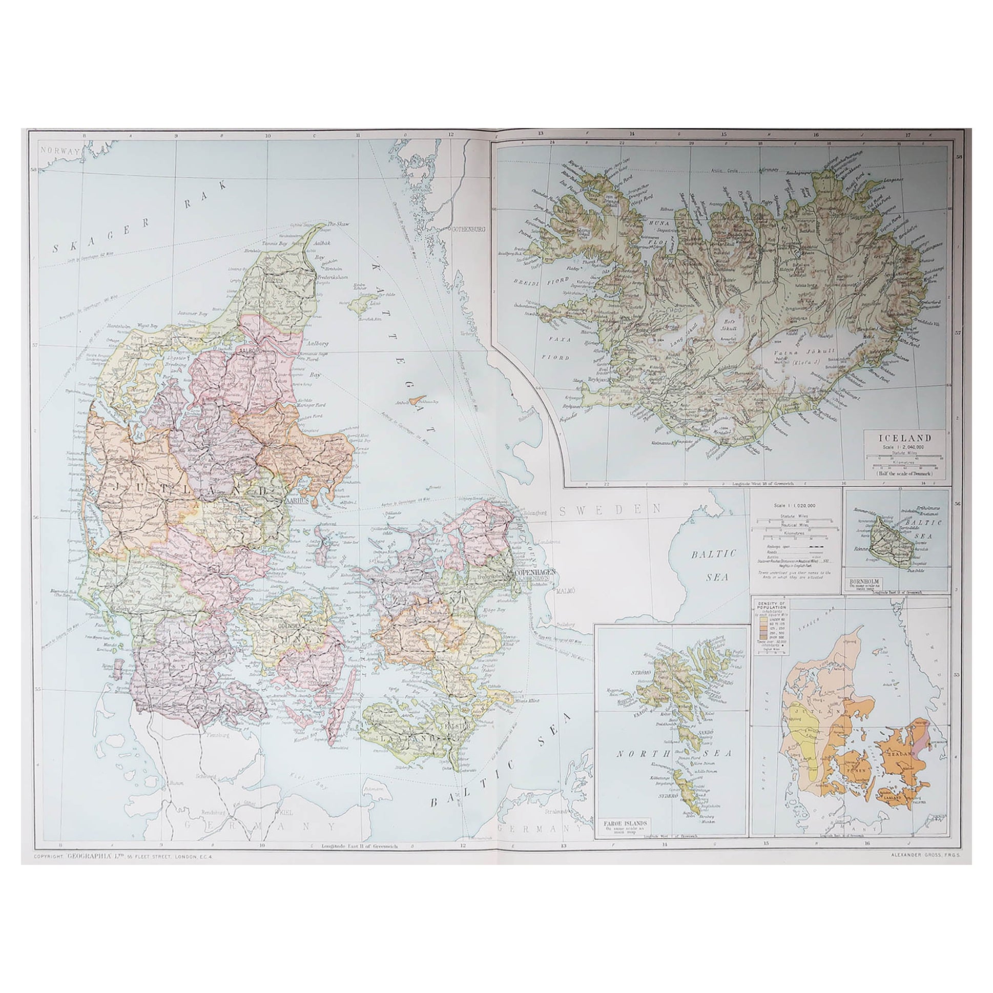 Large Original Vintage Map of Iceland, circa 1920 For Sale