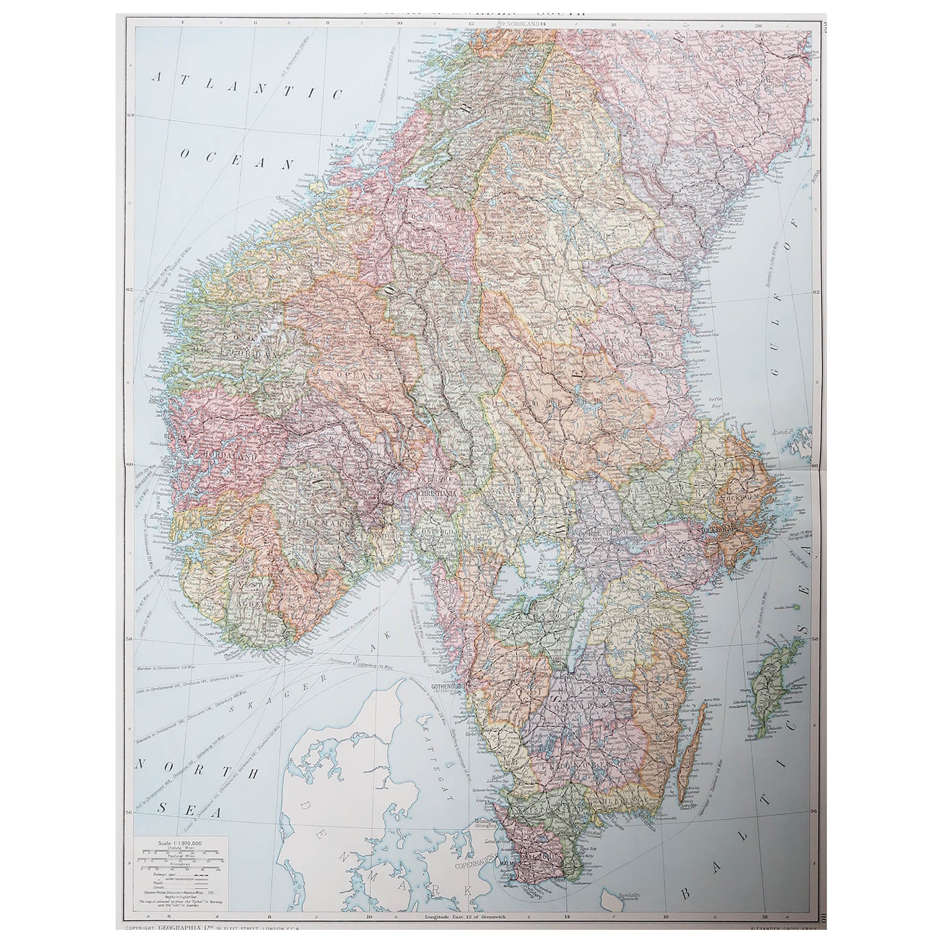 Large Original Vintage Map of Sweden and Norway circa 1920 For Sale