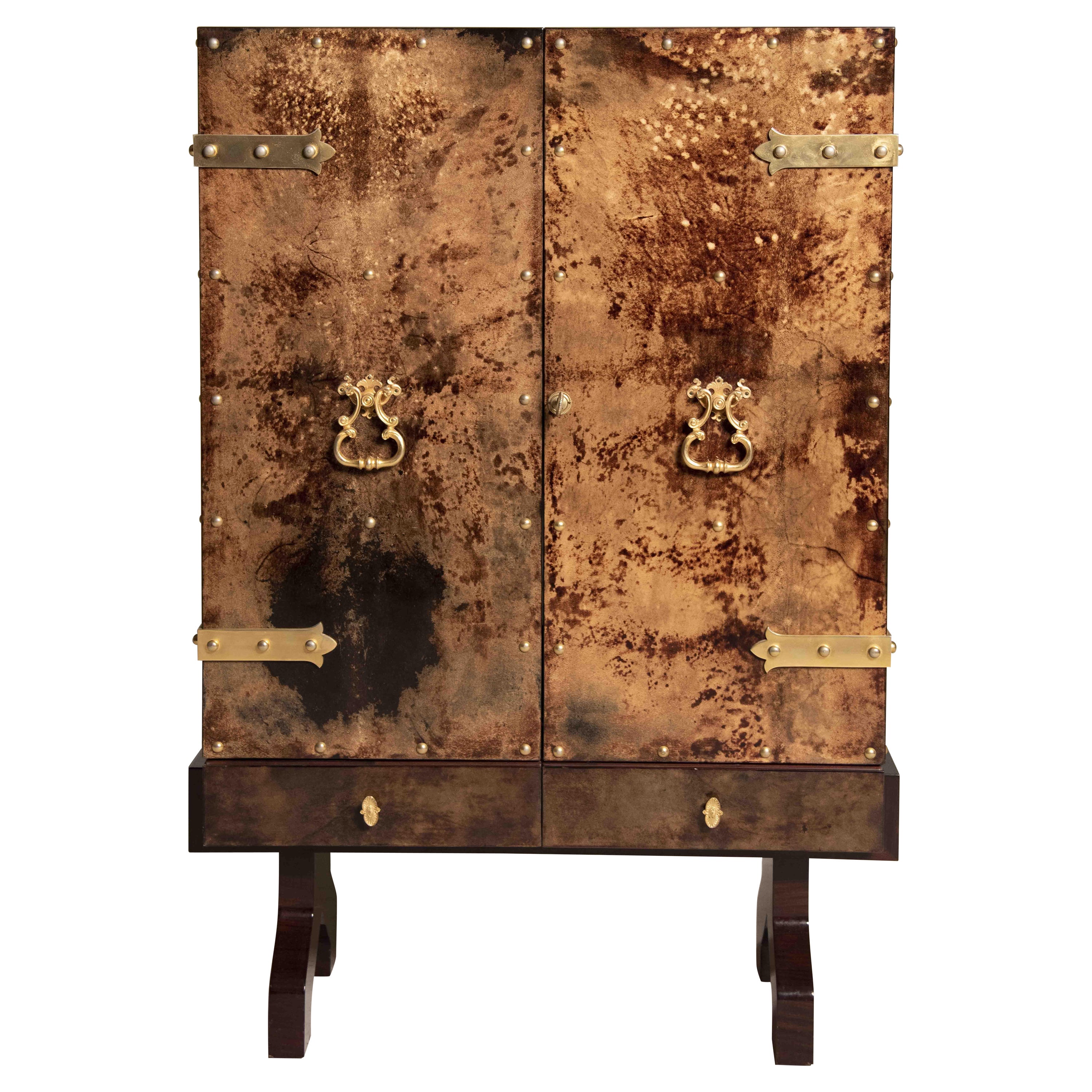 Aldo Tura Brown Parchment Brass Details Two Doors Lit from Within Dry Bar 1950s For Sale