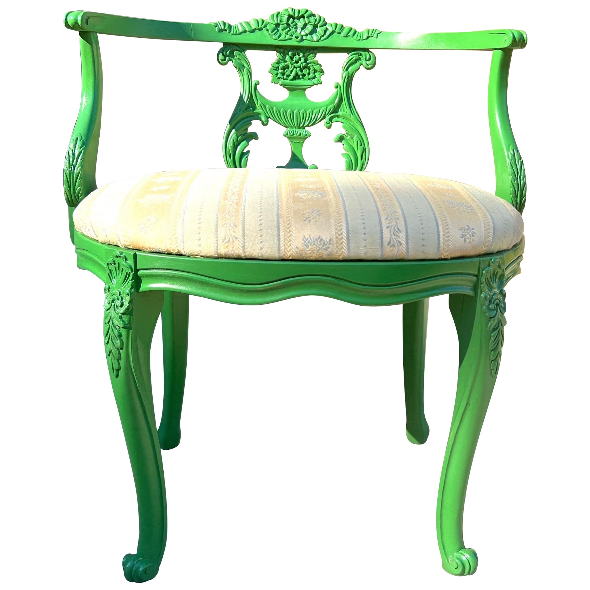 1930’s French Rococo Louis XV Style Lacquered Green Vanity Stool For Sale