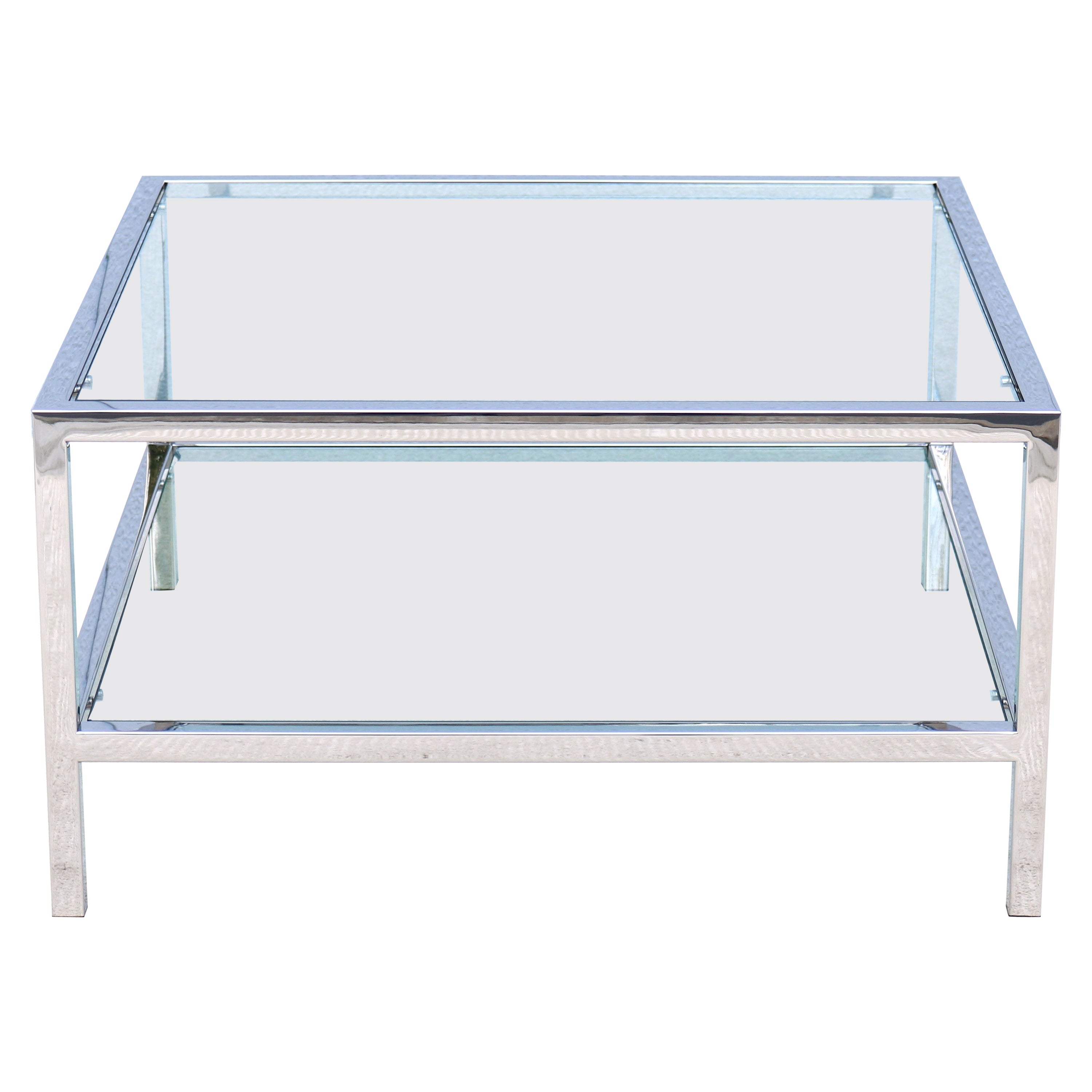 Modernisme du milieu du siècle dernier style Milo Baughman table basse carrée en verre avec étagère en vente