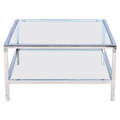 Retro Mid-Century Modernism Milo Baughman Style Glass Square Coffee Table with Shelf