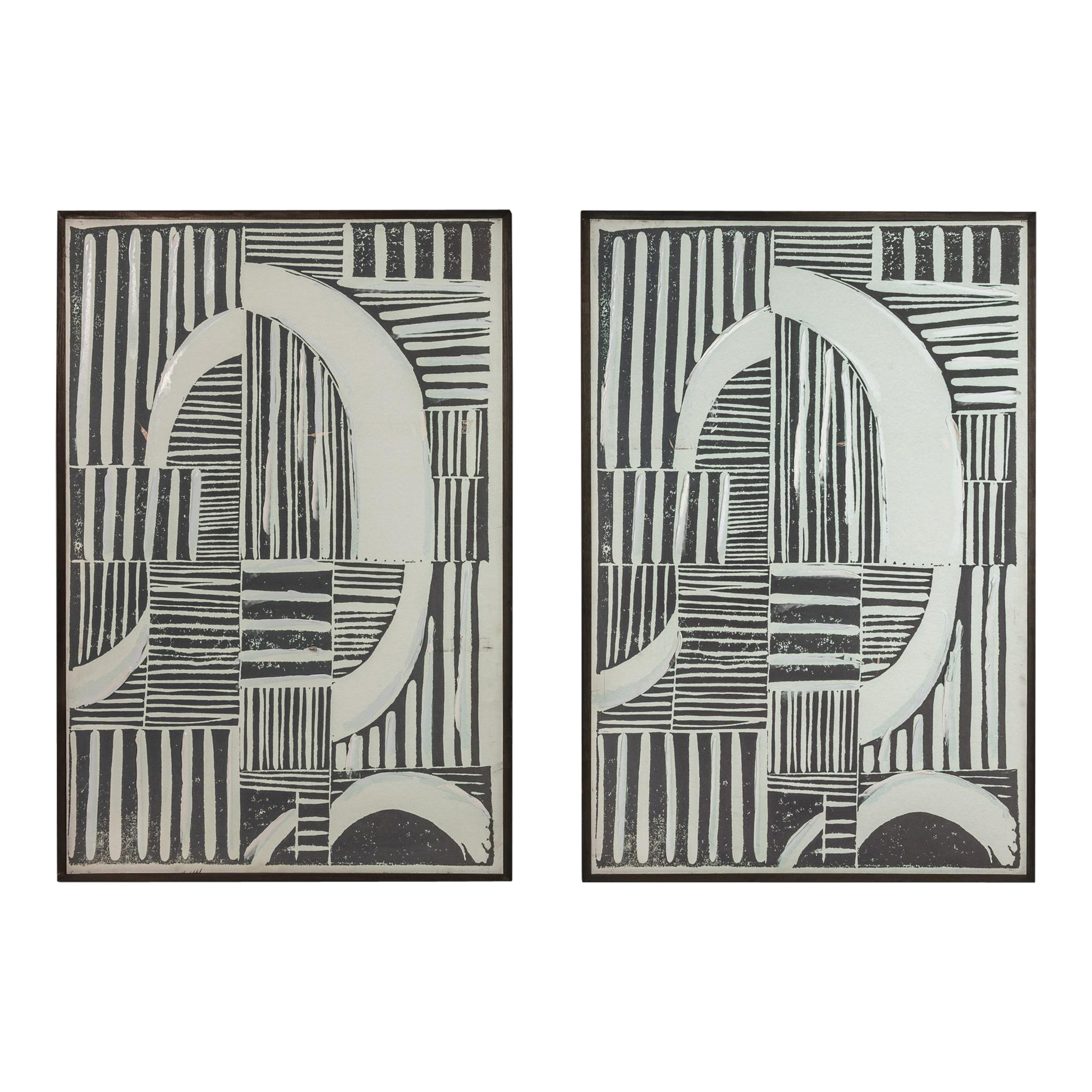 Set of Two (2) Abstract Linocut "A" Digital Print Wall Art Paintings For Sale