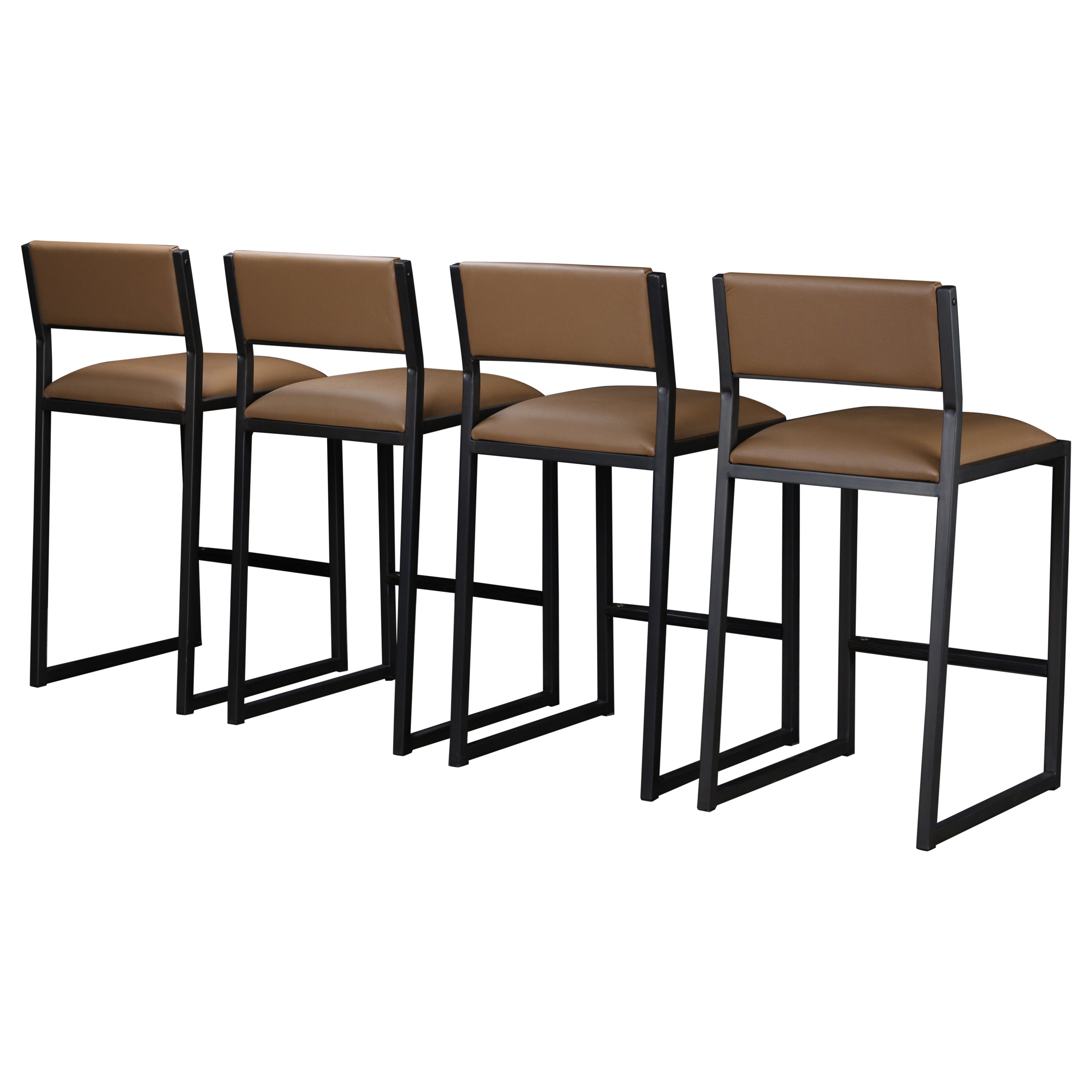 4x Shaker Counter Stools in, Sedona Leather, Blackened Steel & Oxidized Oak For Sale