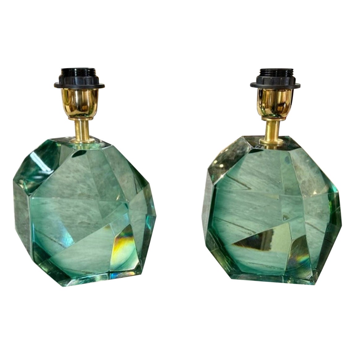 Pair of Modern Polish Green Murano Glass Cube Lamps