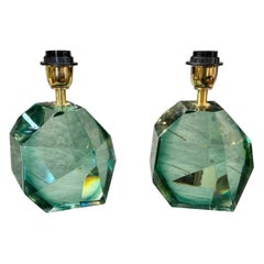 Vintage Pair of Modern Polish Green Murano Glass Cube Lamps