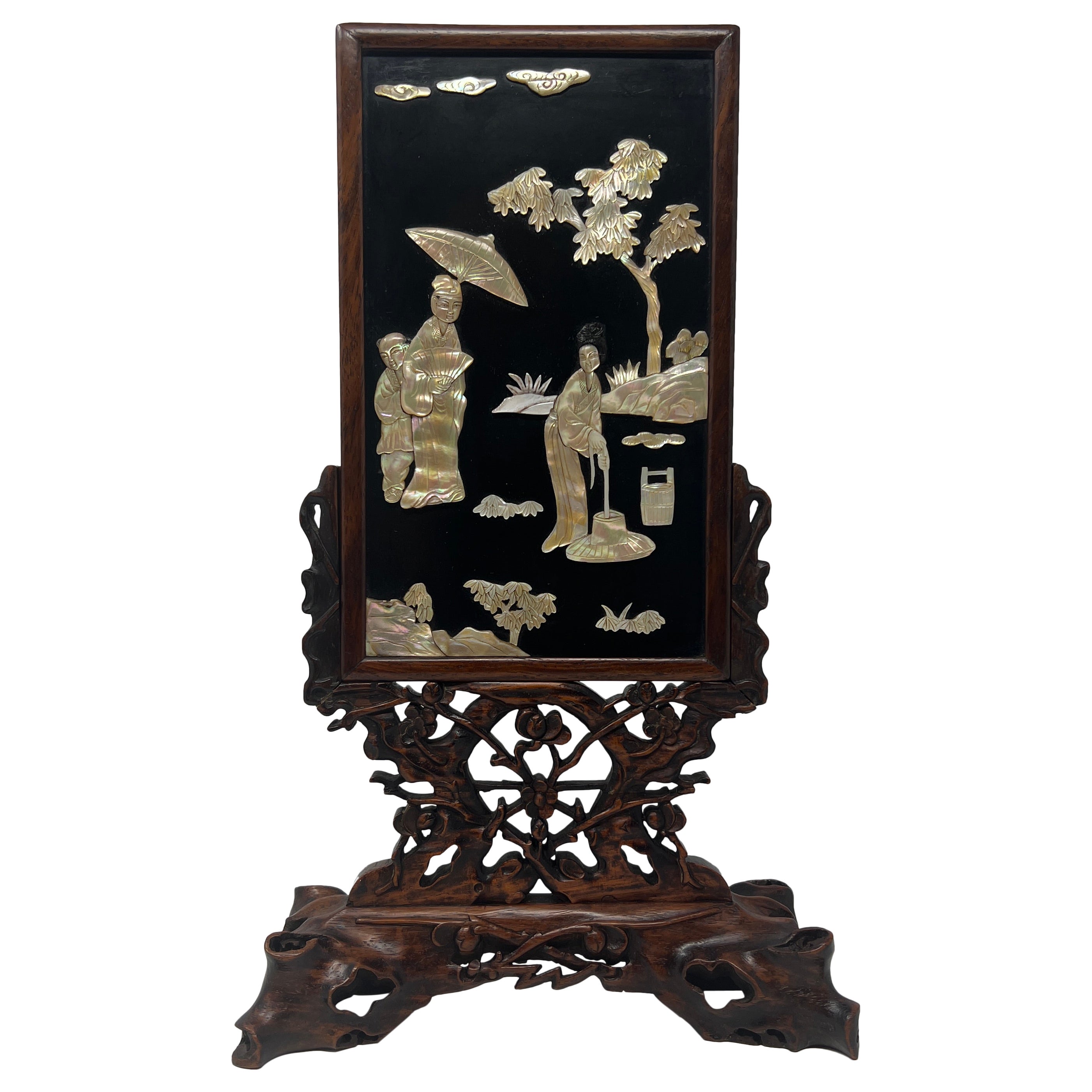 Antique Chinese Carved Teak Wood and Mother Of Pearl Table Screen, Circa 1890. For Sale