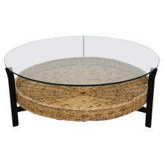 Mid-Century Noordwolde Style Round Glass and Rattan Coffee Table