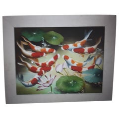 Vintage Colorful Acrylic Hand Painted Framed and Matte - Koi Fish