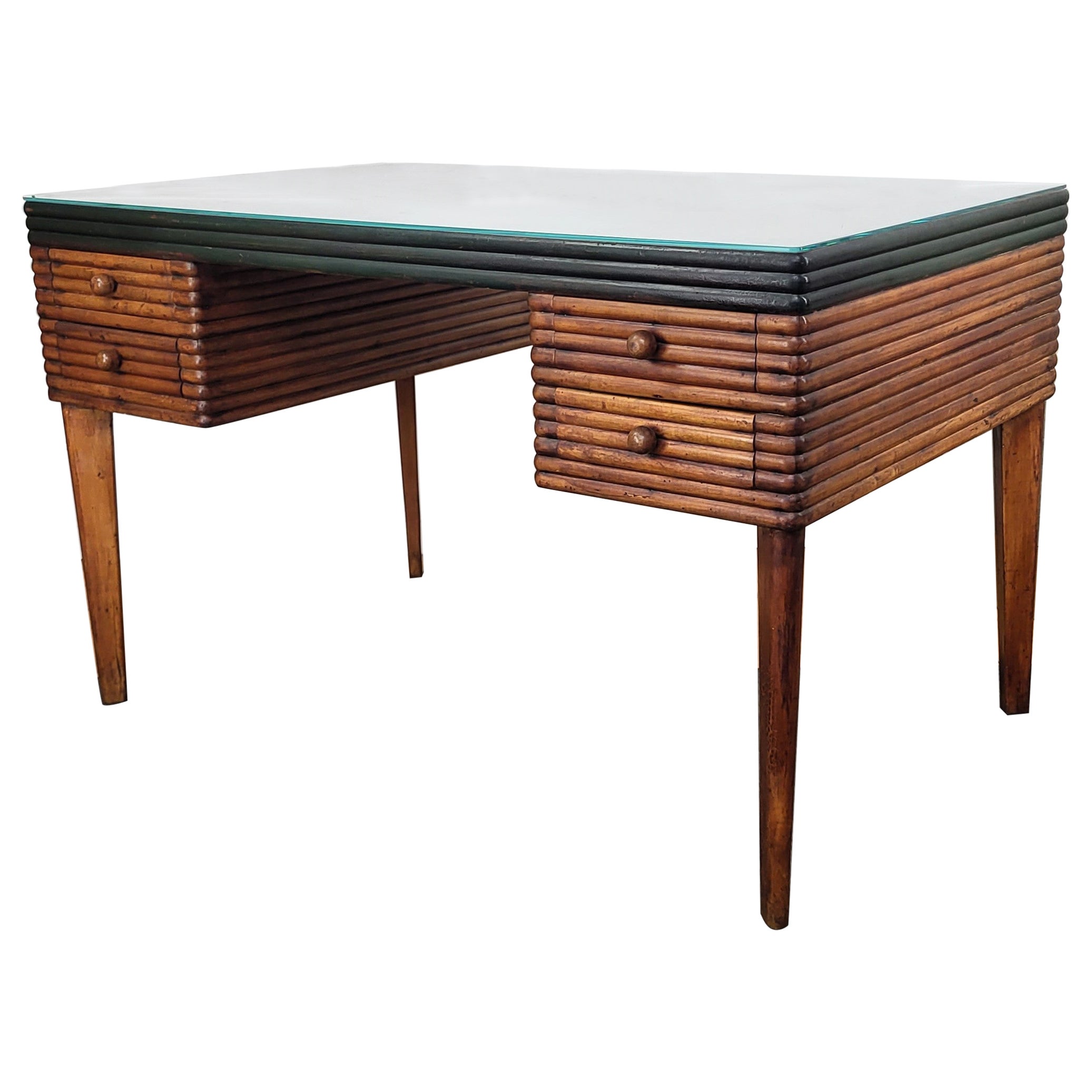 1940s Art Deco Mid-Century Italian Slat Carved Wood Writing Desk Table For Sale