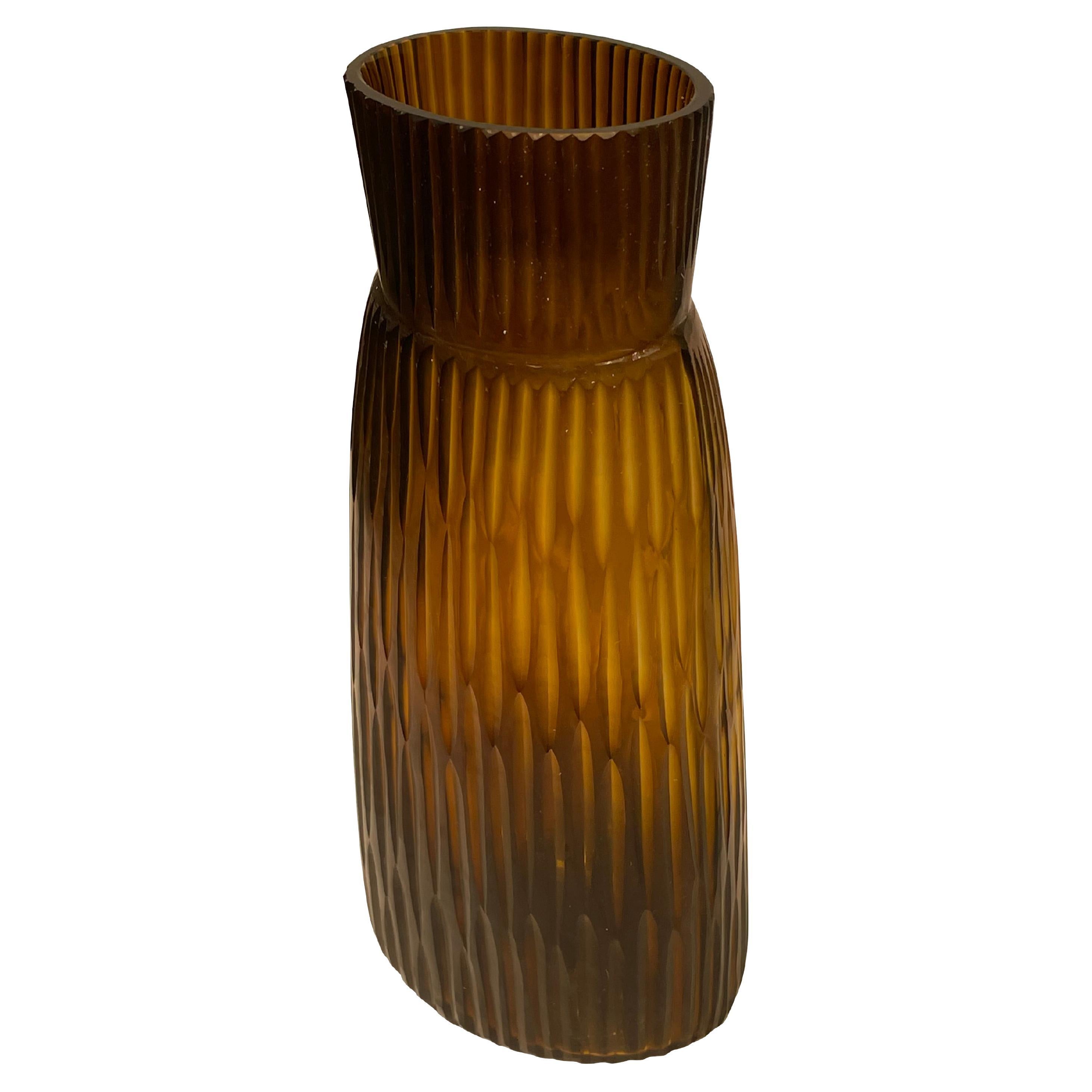 Tortoise Color Tall Vertical Rib Glass Vase, Romania, Contemporary For Sale