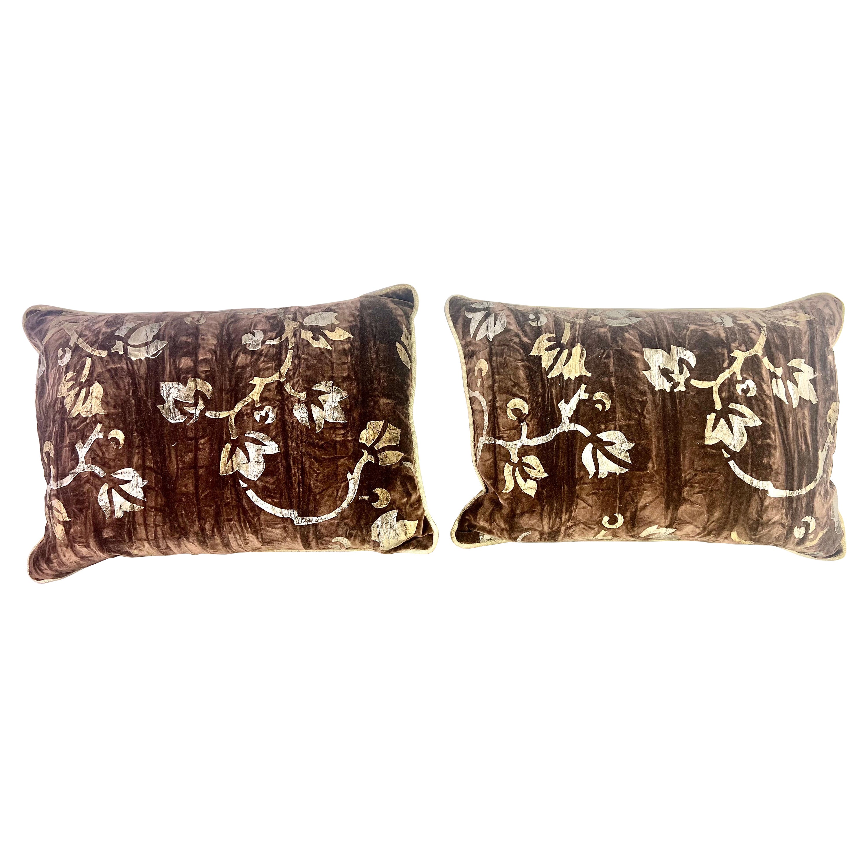 Pair of Custom Nomi Brown & Gold Textile Pillows For Sale