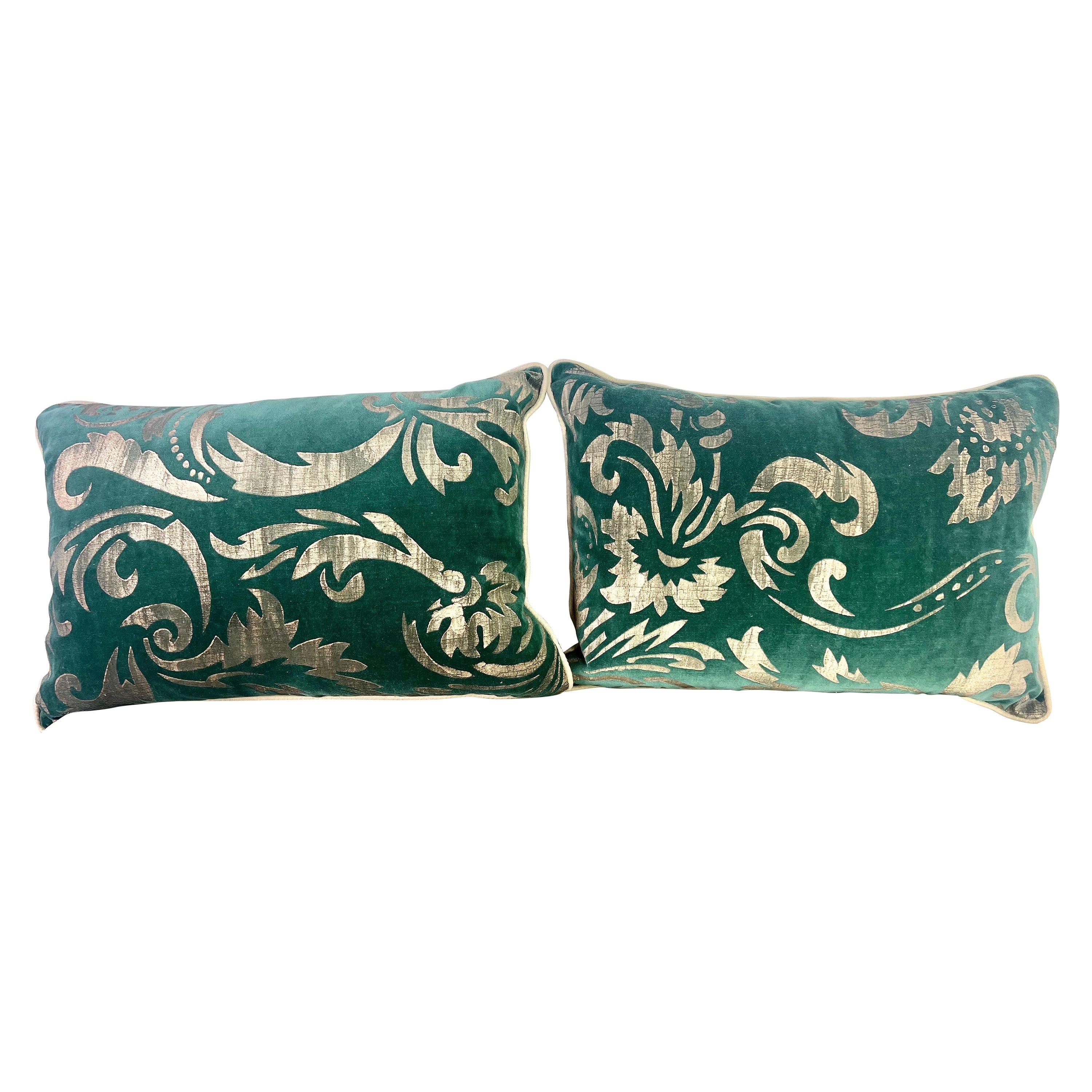 Pair of Green Velvet NOMI Pillow w/ Gold Stenciling For Sale